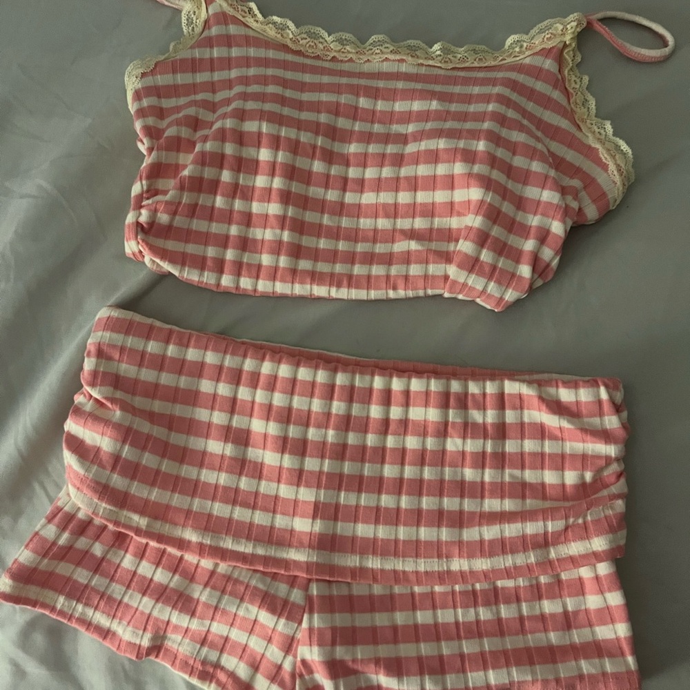SHEIN Pink and White Ruffled Pajama Set